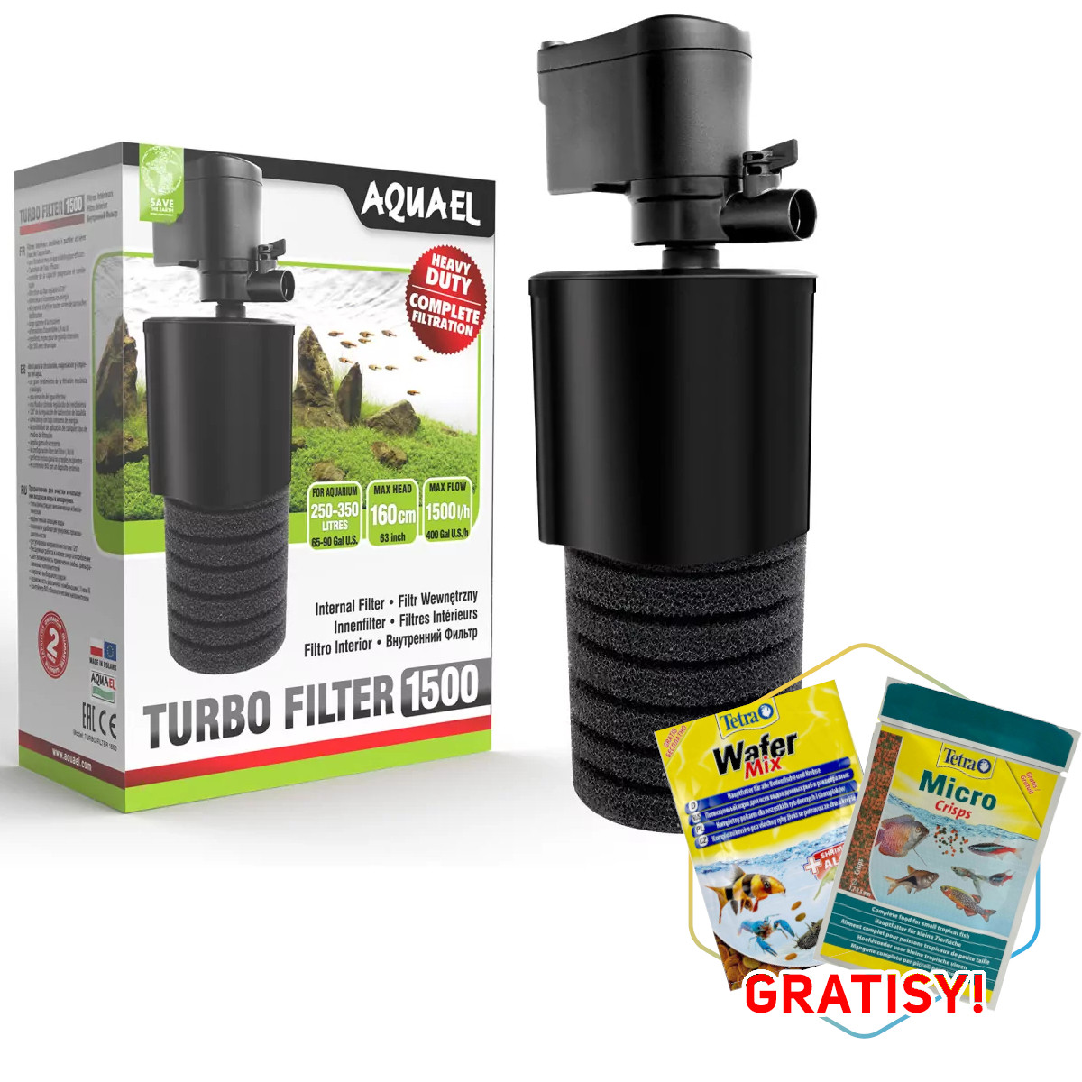 Aquael Turbo 1500 Filtr wewnętrzny do akwarium 250-350L + gratisy