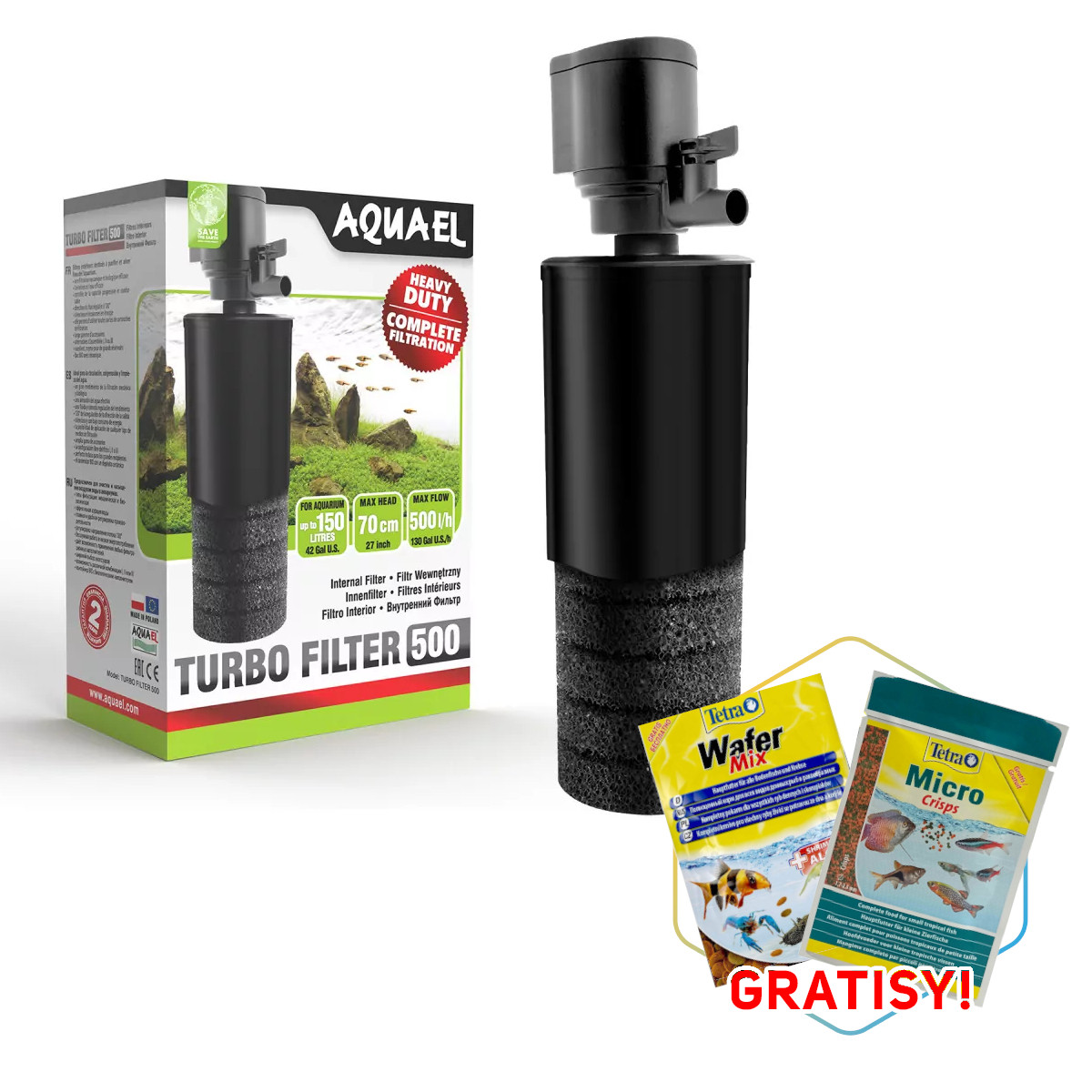 Aquael Turbo 500 Filtr wewnętrzny do akwarium 150L + gratisy