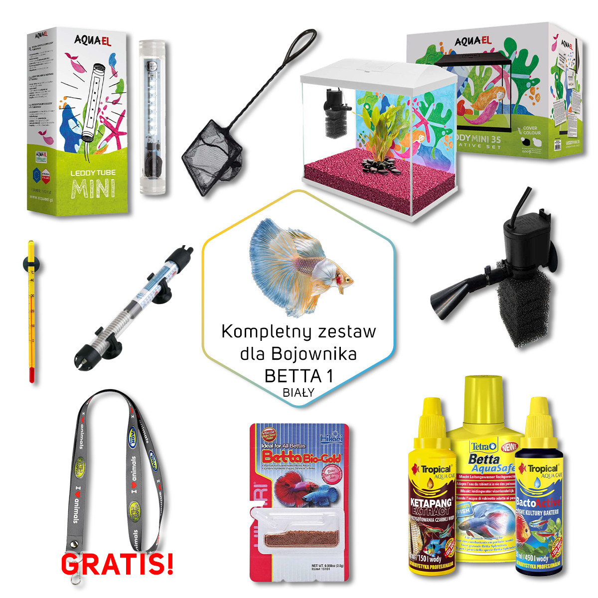 BETTA 1 Zestaw akwarium dla bojownika 19L biały + gratis