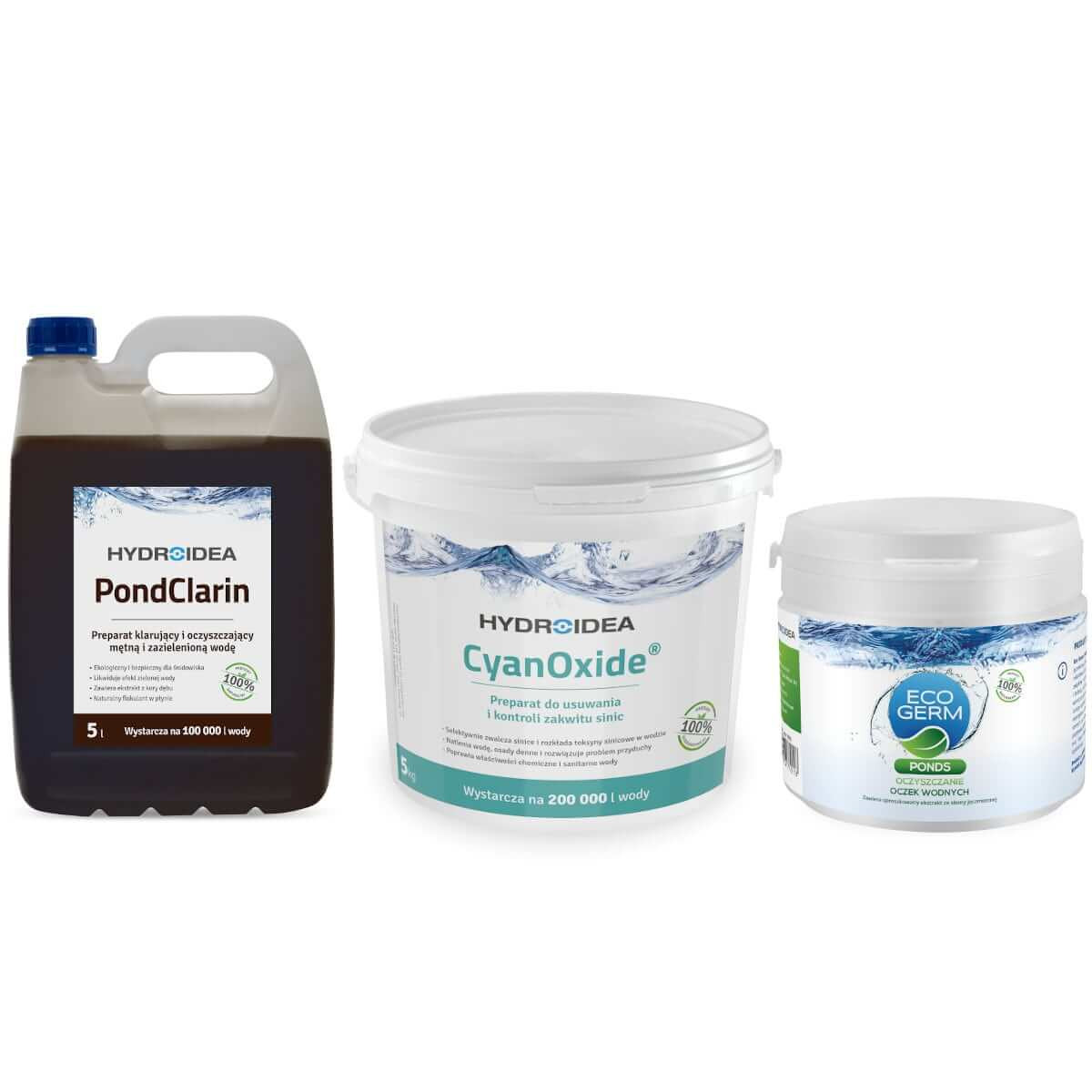HYDROIDEA ECOGERM PONDS 500 G + PONDCLARIN 5 L + CYANOXIDE 5 KG