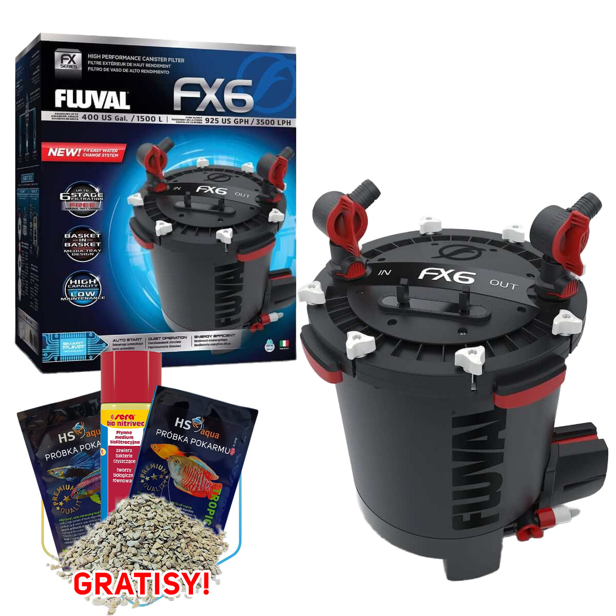 Fluval FX-6 filtr zewnętrzny kubełkowy do 1500l + gratisy