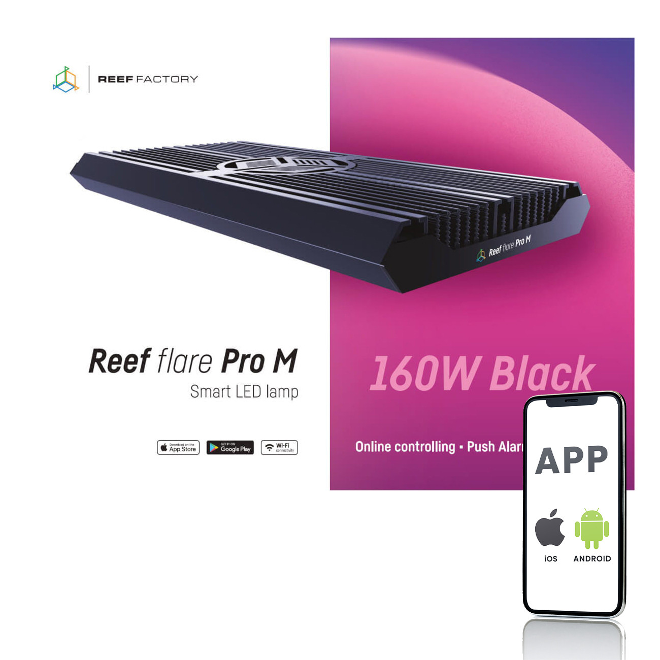 Reef Factory Reef Flare Pro M 160W czarna - Oświetlenie do akwarium morskiego