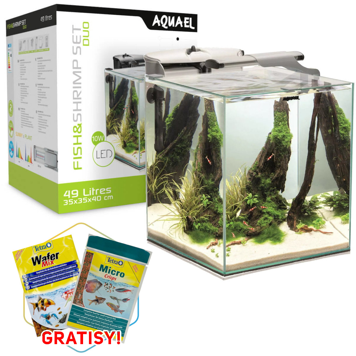 Aquael Fish&Shrimp Set Duo biały LED D&N - Zestaw akwarium kostka 49L + gratisy