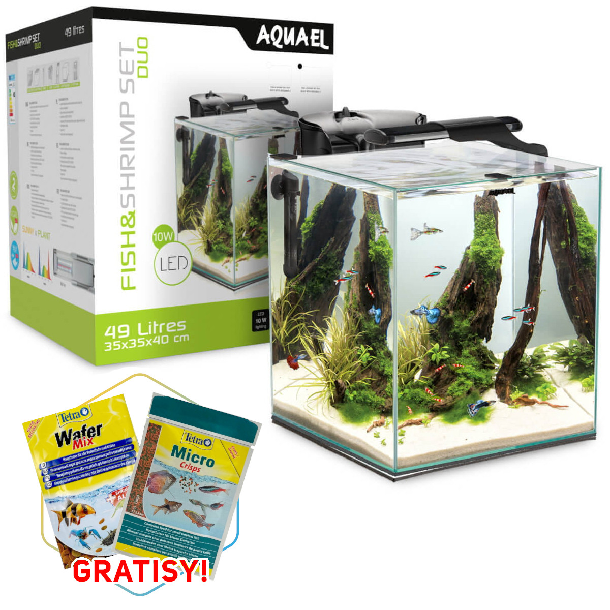 Aquael Fish&Shrimp Set Duo czarny LED D&N - Zestaw akwarium kostka 49L + gratisy