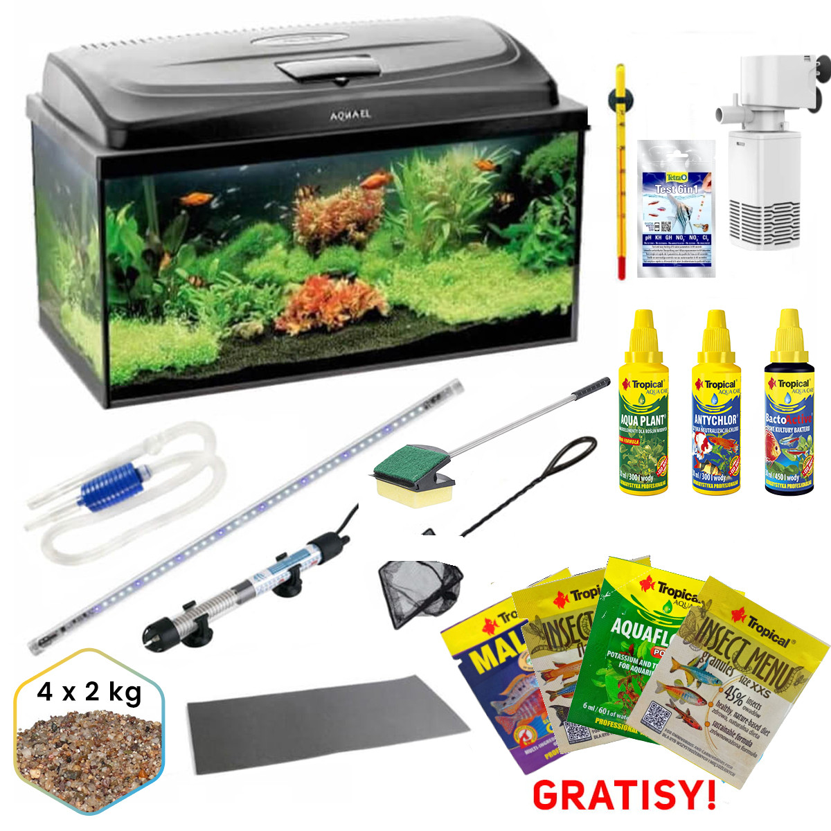 Akwarium 60 LED D&N proste 54L + wyposażenie kompletne - V6 + gratisy